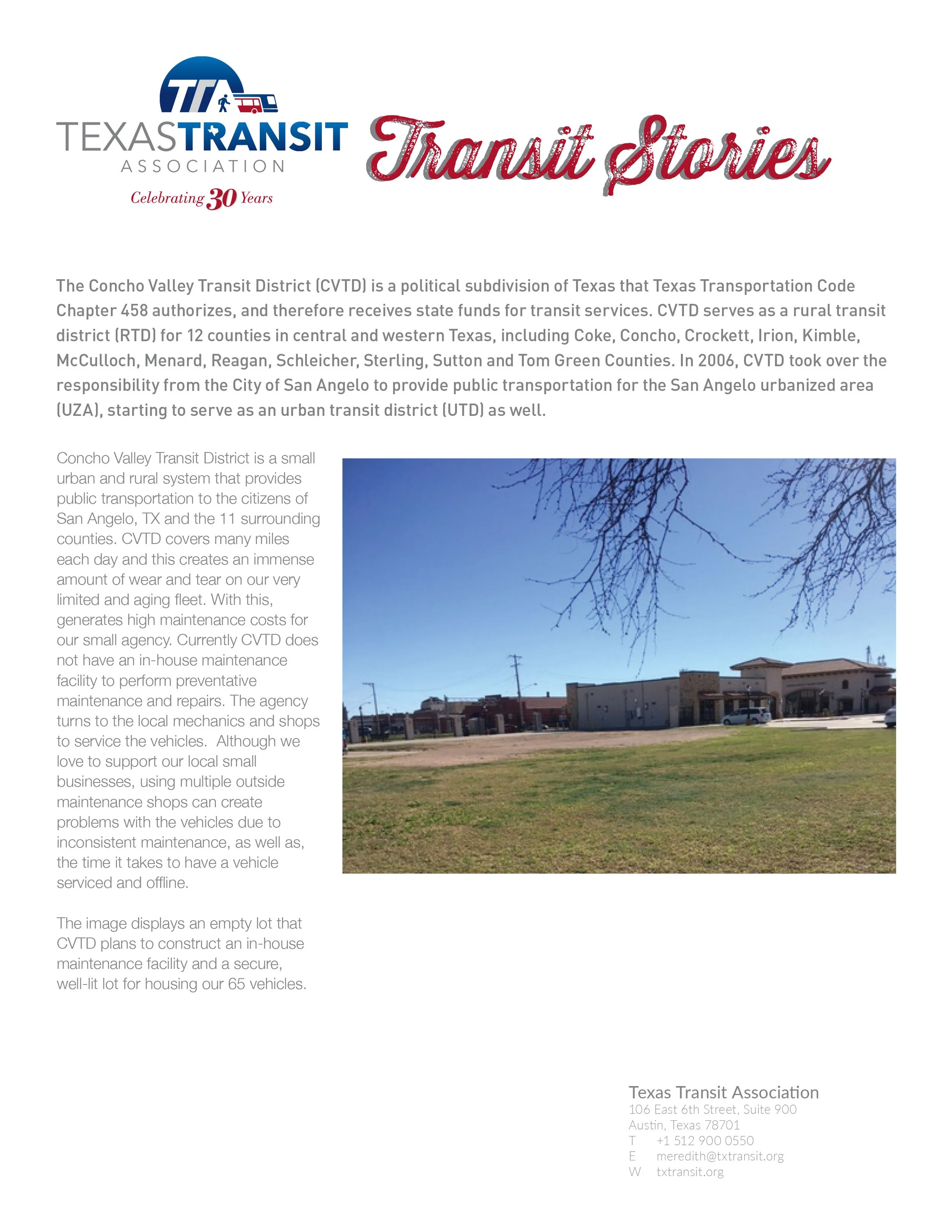 Concho Valley Transit District (CVTD): District profile for the Transit Stories series, covering maintenance fleet challenges across a 12-county rural service area. (Print and digital)