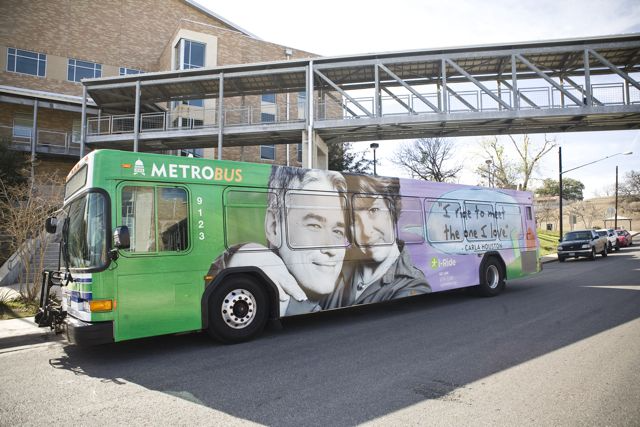 i-Ride bus wrap features a testimonial from riders Carla and Houston, part of the campaign that grew ridership 60 percent. They found each other while riding the bus.