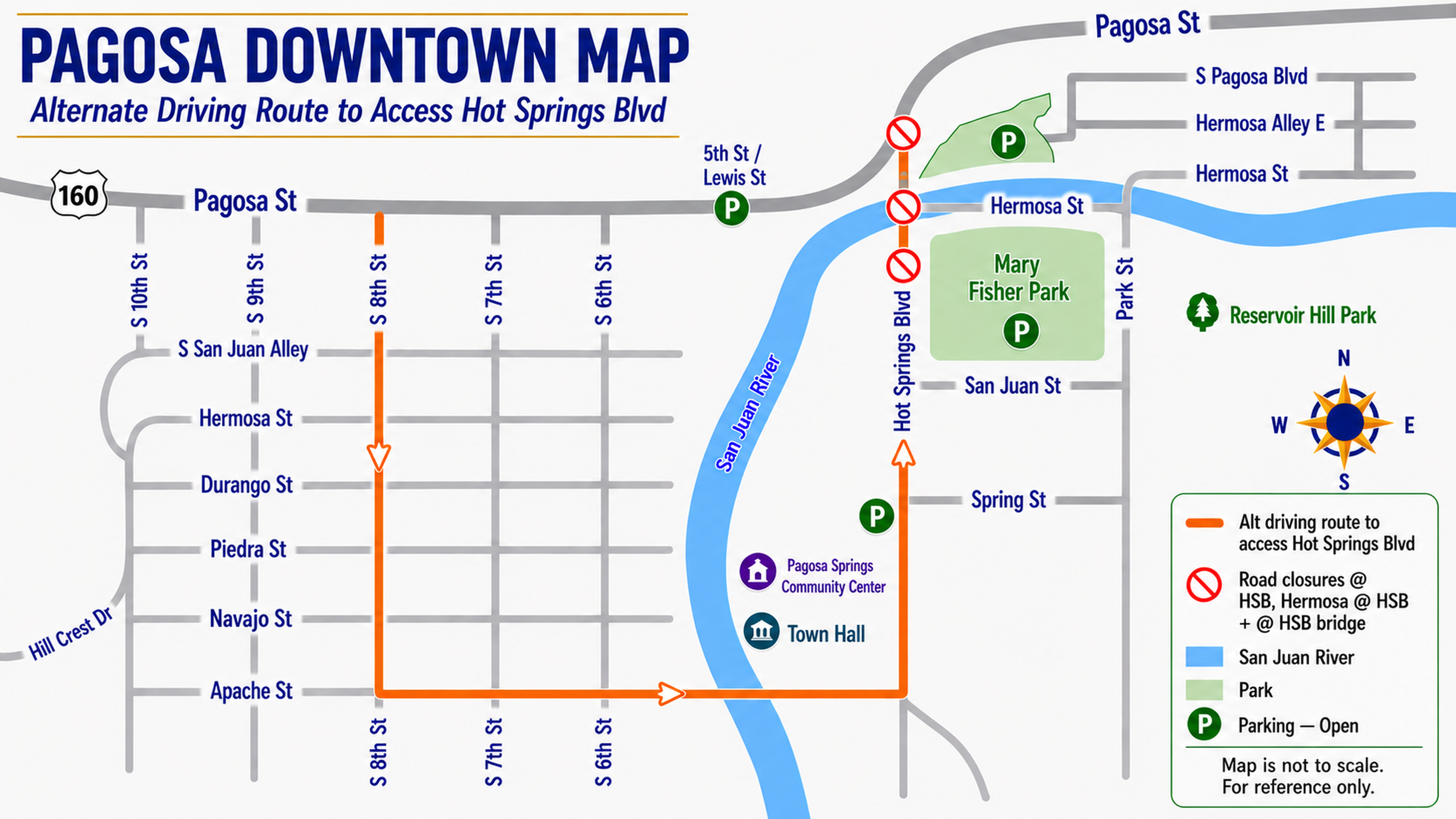 Wayfinding map for the Town of Pagosa Springs illustrating an alternate driving route to access Hot Springs Blvd. during road closures, with parking and key civic locations marked. Map design and information hierarchy.
