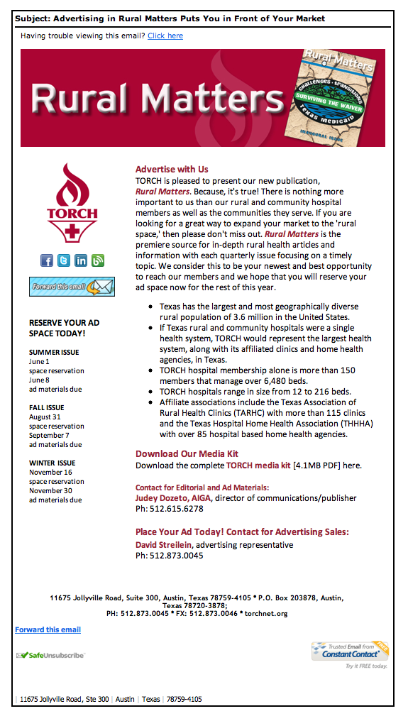 Rural Matters advertising email: promo email recruiting magazine advertisers