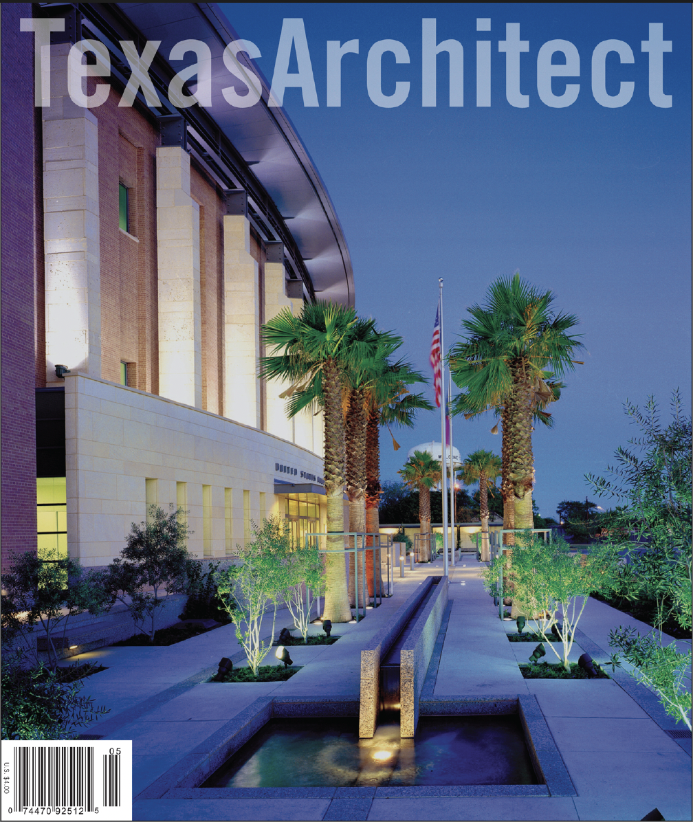 Texas Architect cover, May/June 2002, themed "Government Buildings," featuring the United States Courthouse in Brownsville. Designed by Pierce Goodwin Alexander & Linville for the General Services Administration, the building draws on the region's Sp