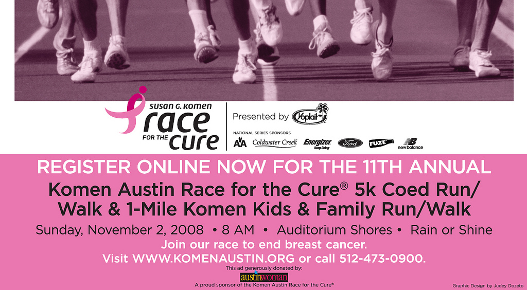 Race registration ad featuring bold photo treatment and CTA copy. Published in Austin Woman Magazine. Copy and layout.