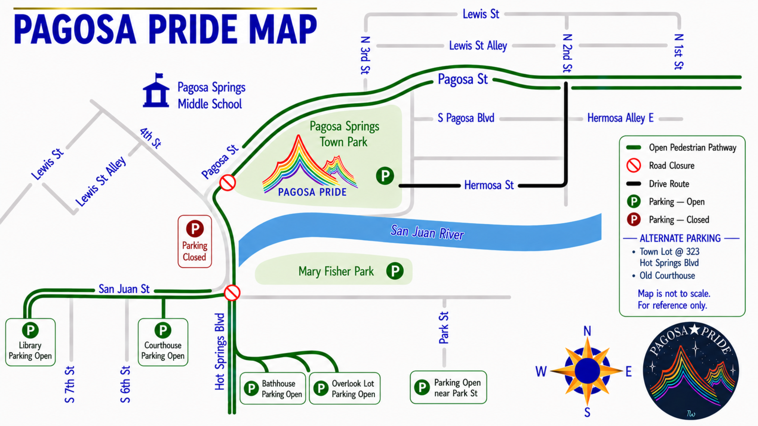 Event wayfinding map for Pagosa Pride in Pagosa Springs, showing parking, road closures, and alternate parking options around the event. Map design and information hierarchy.