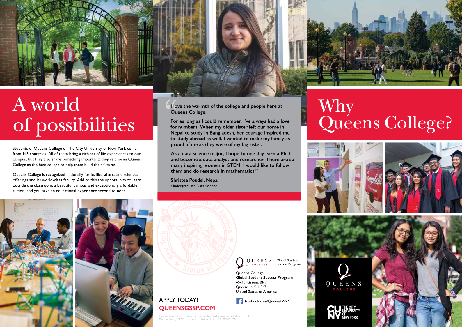 Pre-arrival guide for international students admitted to Queen's College GSSP. Layout, copy editing, and print production. Copy. Program managed production. Work directed.(6pp, A3 landscape, print and web)