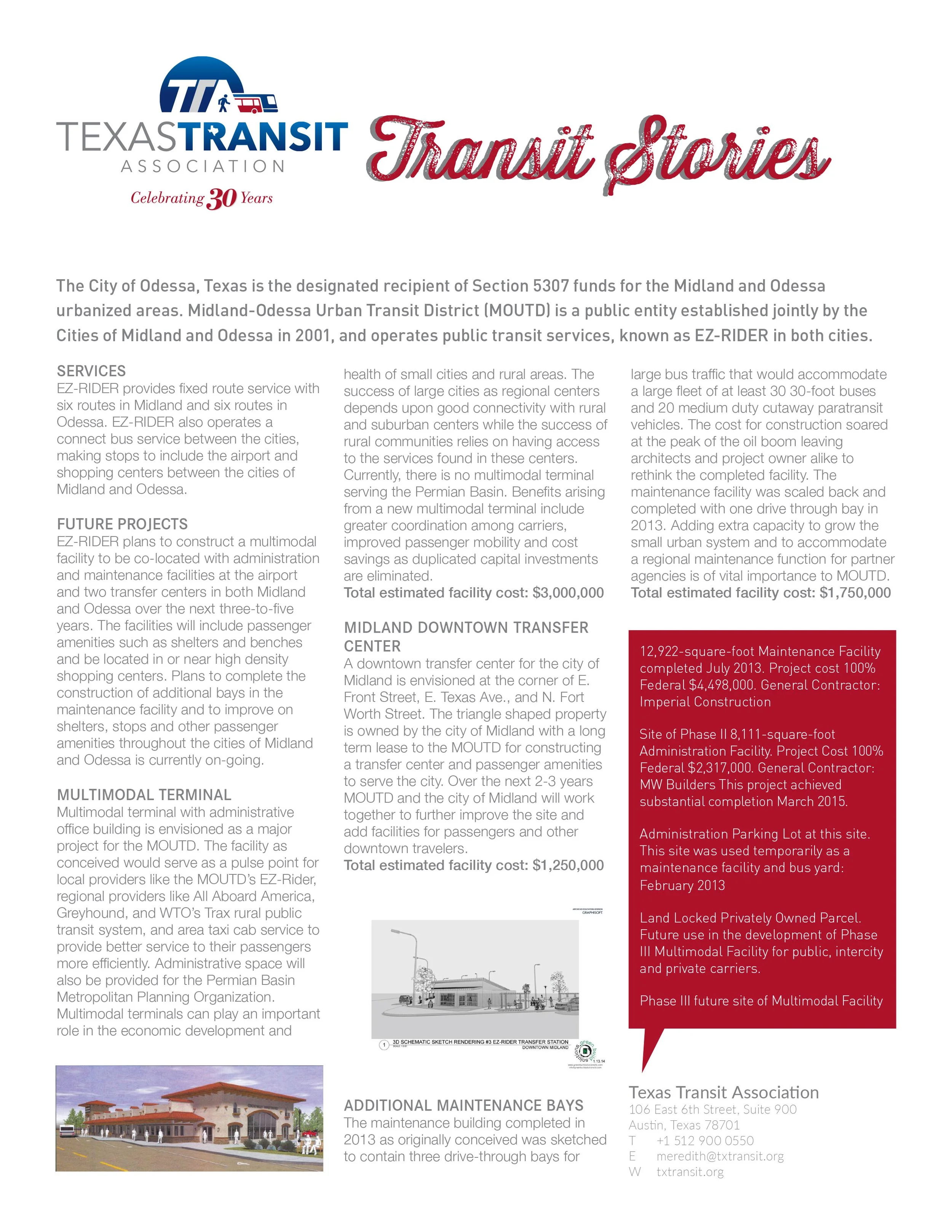 Midland-Odessa Urban Transit District: District profile for the Transit Stories series, covering EZ-RIDER service and planned multimodal facility projects. (Print and digital)