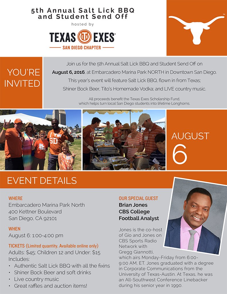 5th Annual Salt Lick BBQ & Student Sendoff event flyer with special guest announcement. Design and copy.