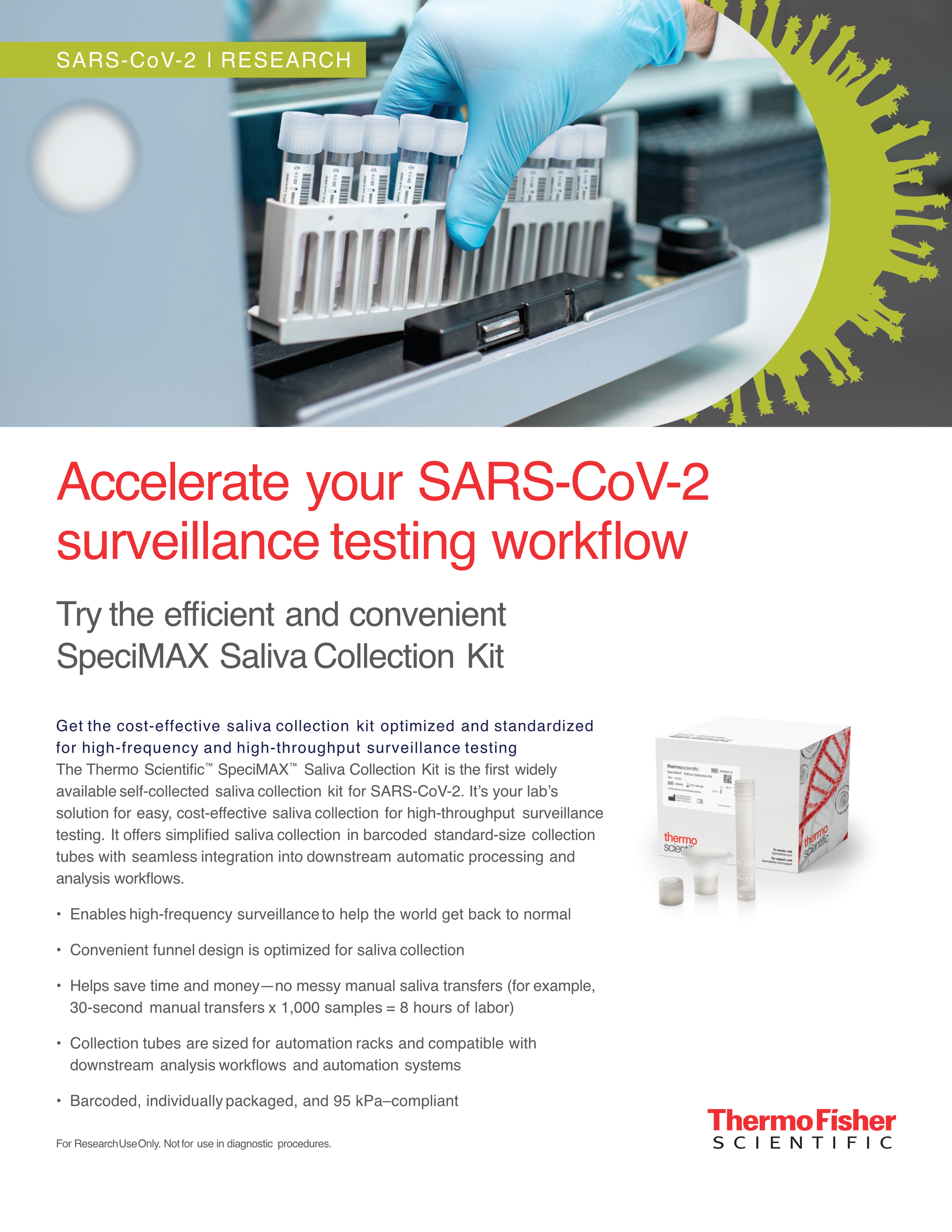 Application flyer for the SpeciMAX Saliva Collection Kit: SARS-CoV-2 surveillance testing workflow for high-throughput labs. Program managed production. Creative operations.