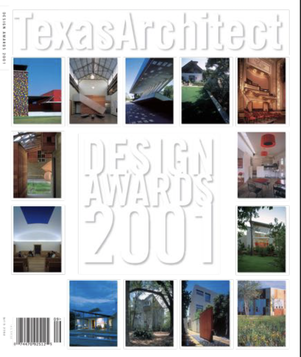 Texas Architect cover, September/October 2001, the magazine's special Design Awards issue, showcasing a grid of thumbnails from the year's 13 winning projects out of 240 entries. Among the winners featured inside is the Live Oak Friends Meeting House