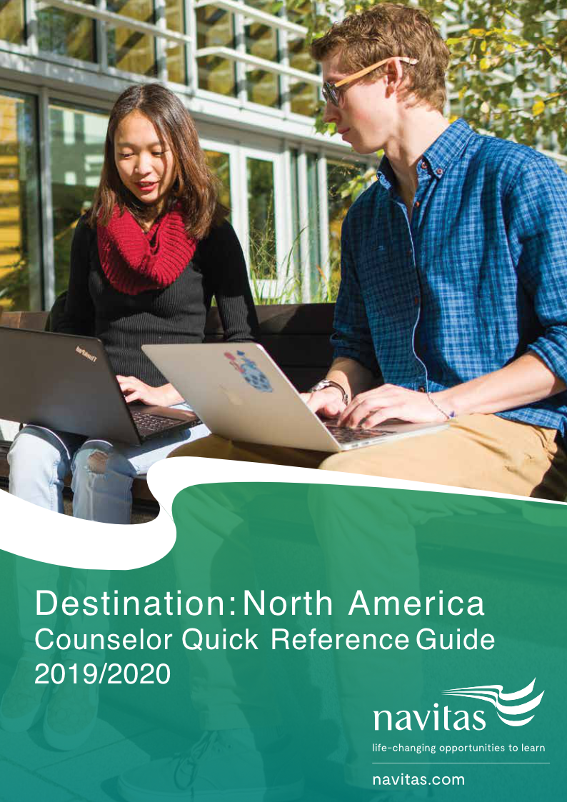 16-page North American quick reference guide for high school counselors: multi-university, multi-section publication managing complex content hierarchy across 10 partner schools. Copy. Program managed production. Work directed. (A4, print and web)