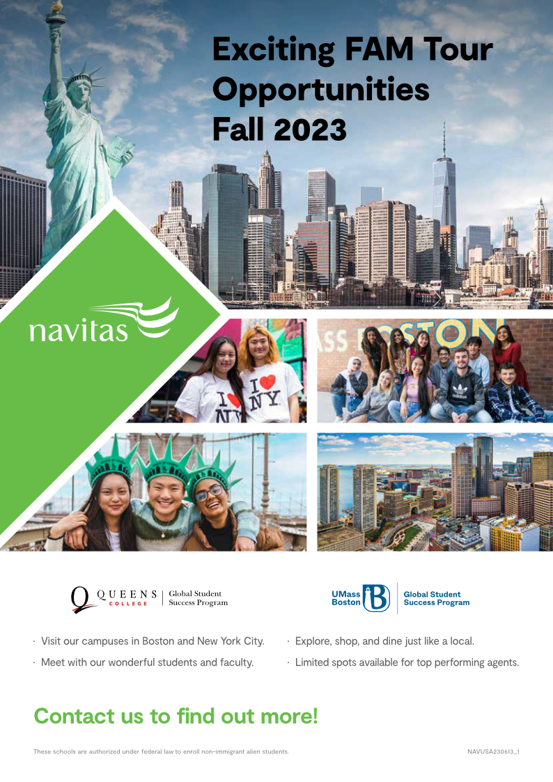 Navitas USA FAM Tour Opportunities Flyer (Fall 2023): Queens College and UMass Boston. Copy and design. 