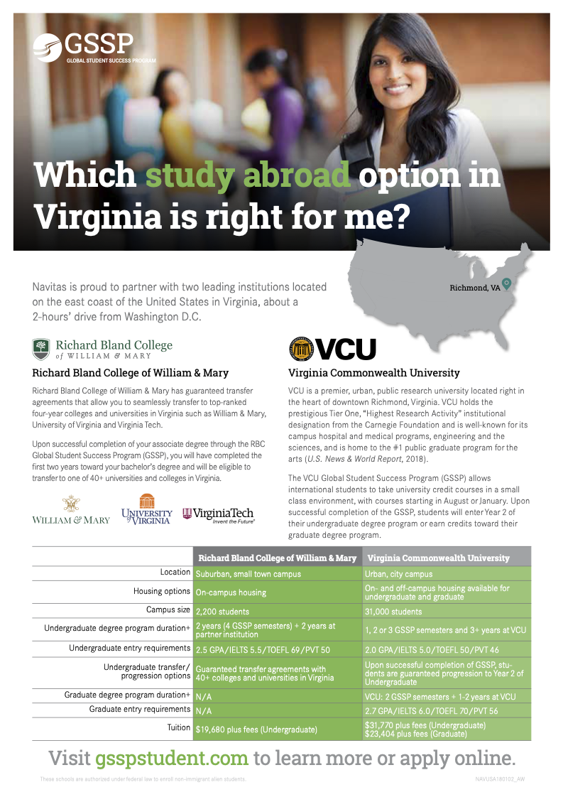 Comparative Flyer for Richard Bland College and Virginia Commonwealth University GSSP. Copy. Program managed production. Work directed. (A4, print and web)