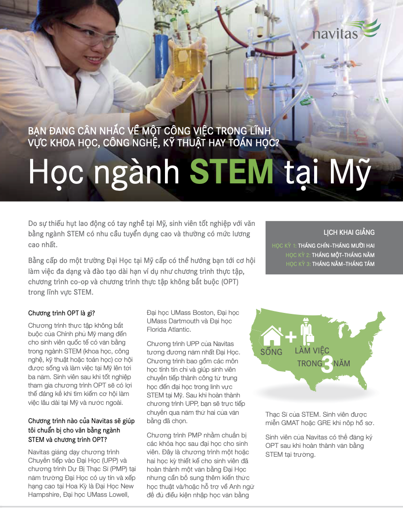 STEM Flyer for Navitas USA, produced in Vietnamese for the Vietnamese student recruitment market. English copy. Program managed production. Work directed. (4pp, A4, translation, print and web)