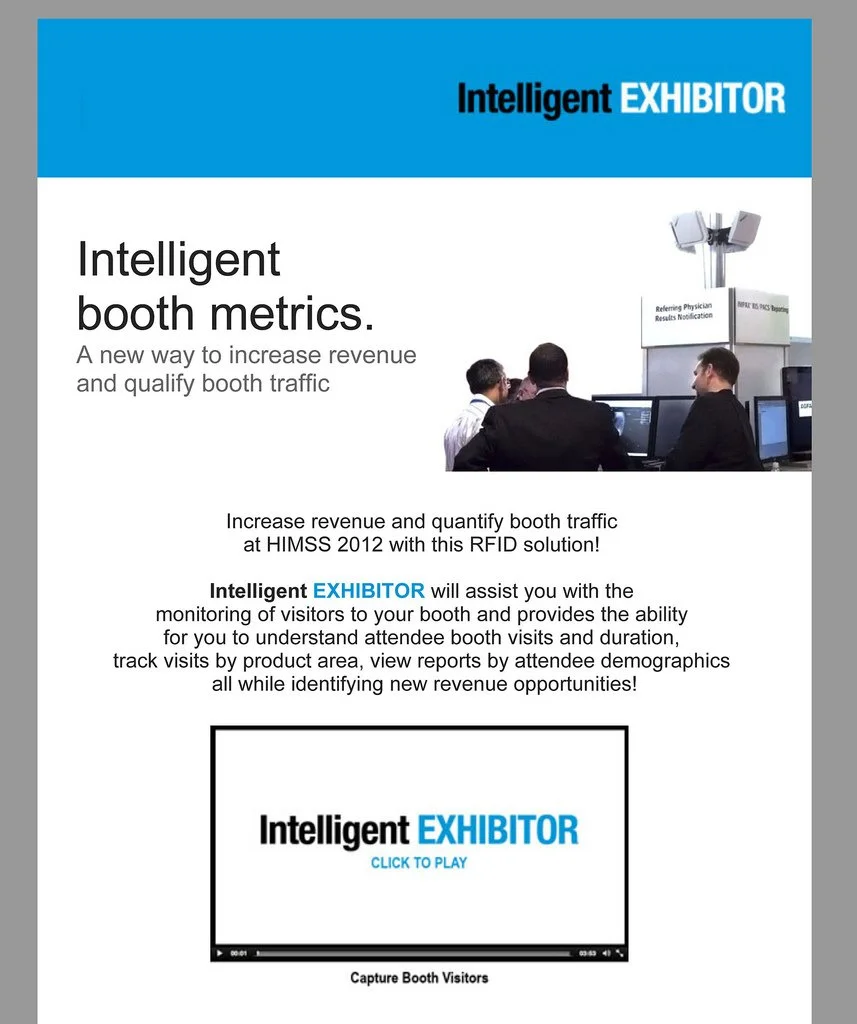 Intelligent Exhibitor booth metrics email explains RFID-based booth traffic tracking, driving demos for the Intelligent Exhibitor and Intelligent Leads products.