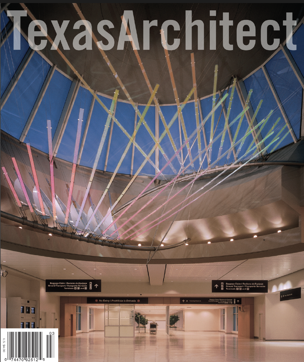 Texas Architect cover, March/April 2002, featuring "Lightwings," a permanent site-specific installation by architectural sculptor Ed Carpenter, beneath the skylight in the International Arrivals building at George Bush Intercontinental Airport (IAH),