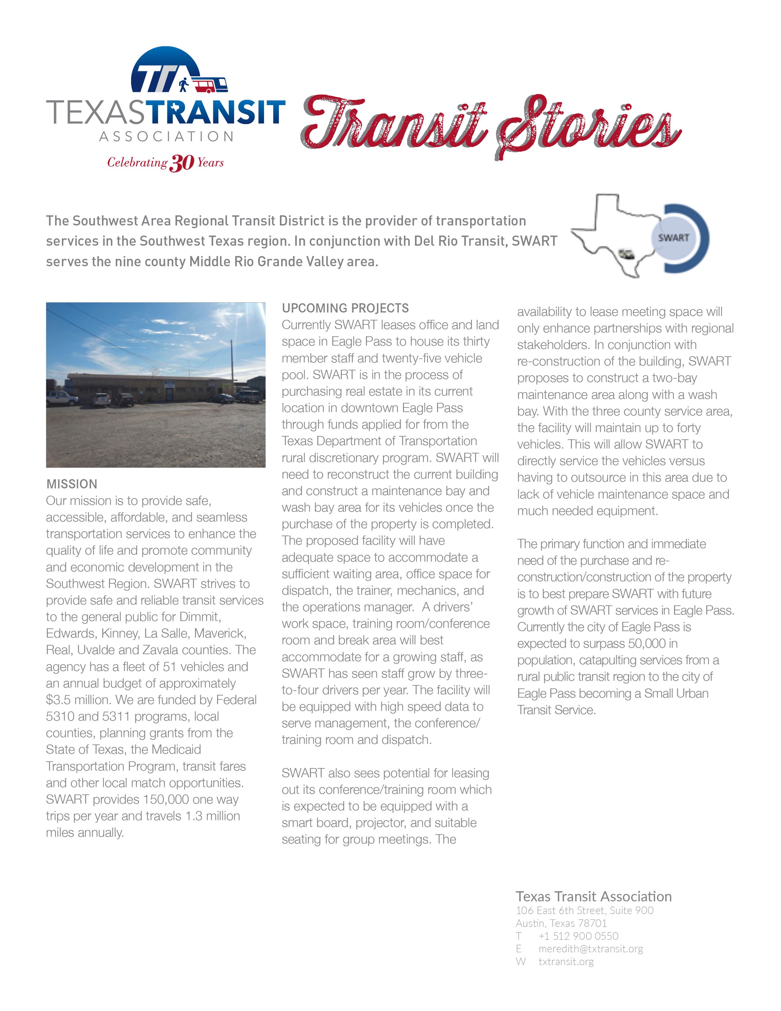 Southwest Area Regional Transit District (SWART): District profile for the Transit Stories series, covering service mission and upcoming facility expansion in Eagle Pass. (Print and digital)