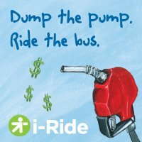 A red gas pump with a nozzle, green dollar signs, and handwritten text that says 'Dump the pump. Ride the bus.'
