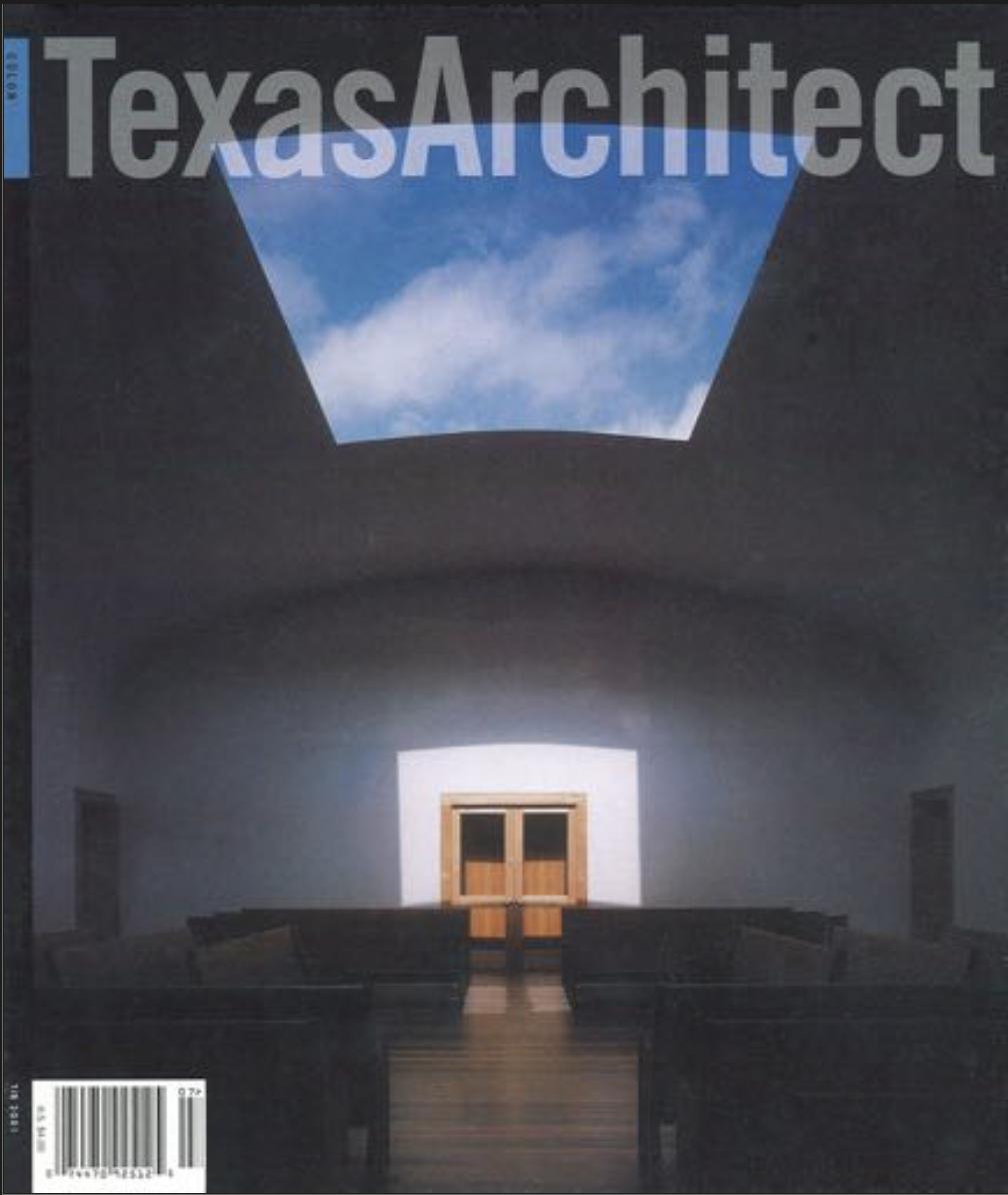 Texas Architect cover, July/August 2001, featuring the Live Oak Friends Meeting House in Houston. Designed by Leslie Elkins Architecture in collaboration with artist James Turrell, the building is sited on a 1.75-acre lot in a quiet, wooded Houston H