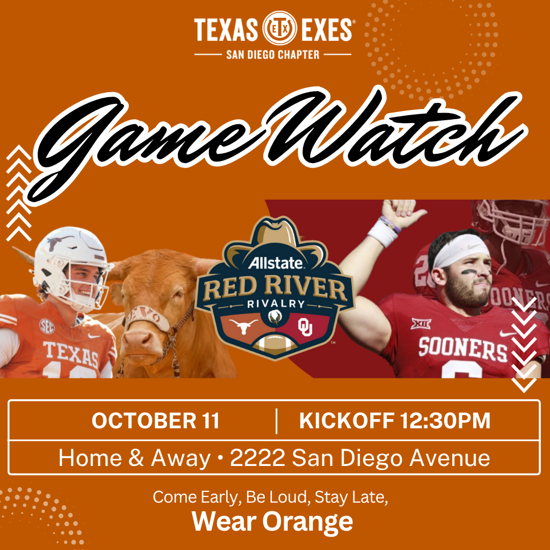 Game watch event graphic for the annual Texas vs. Oklahoma Red River Rivalry. Social media content.