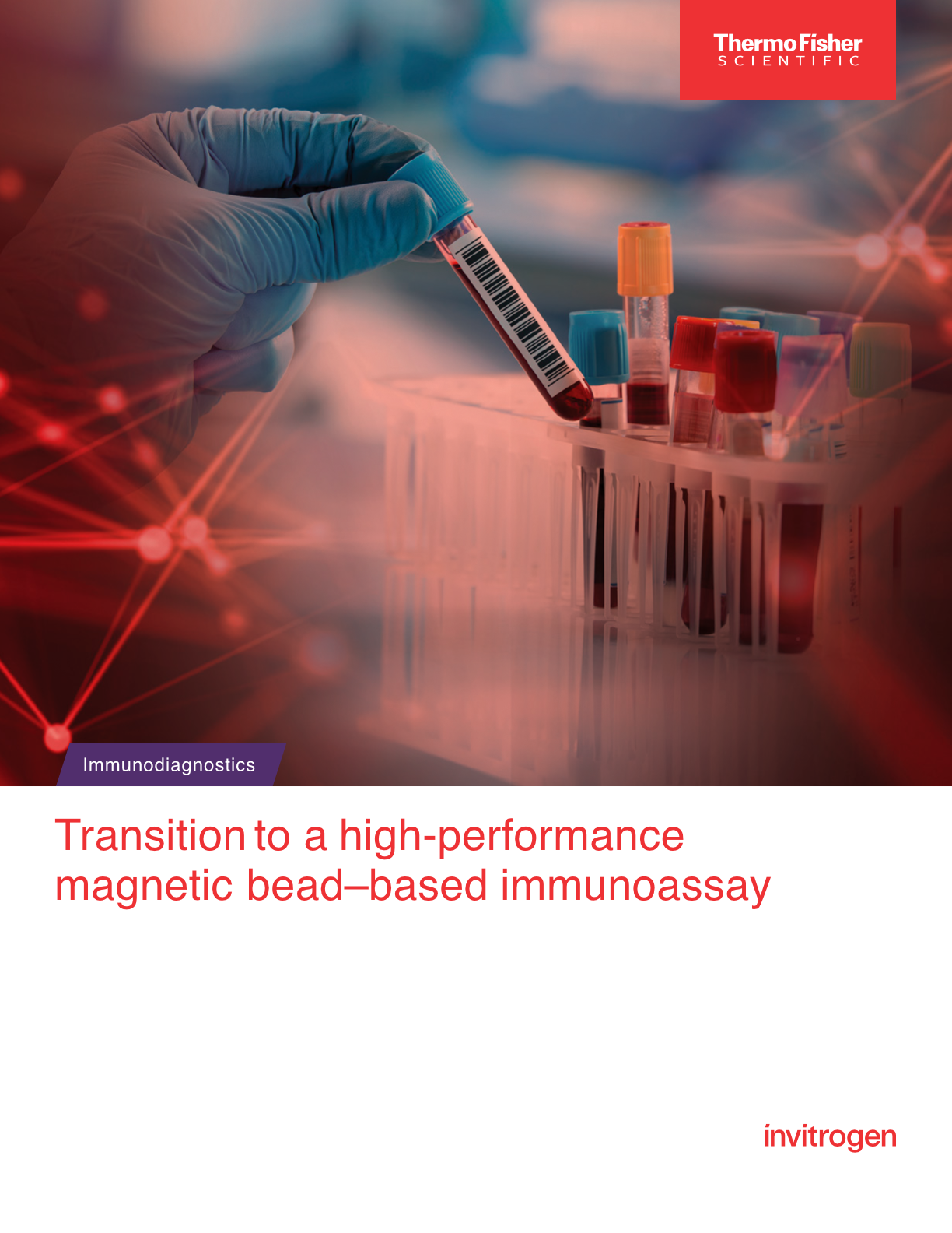 8-page B2B brochure targeting IVD manufacturers: Dynabeads immunodiagnostics platform, assay development workflow, and partner case study. Program managed production. Creative operations.