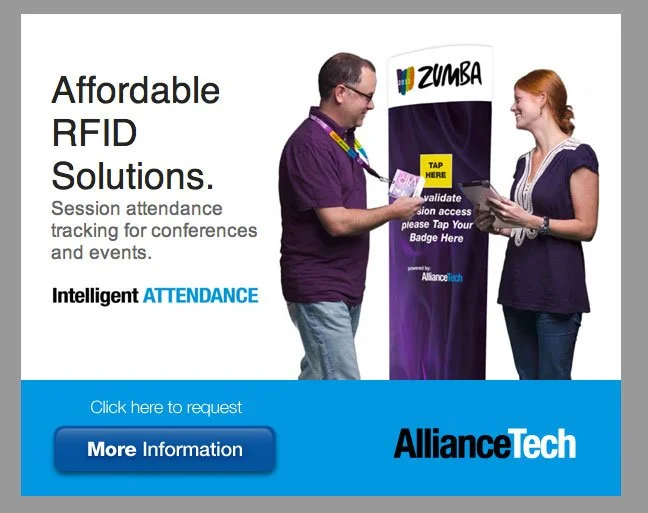 "Affordable RFID Solutions" ad promoting session attendance tracking for conferences and events under the Intelligent Attendance product line.
