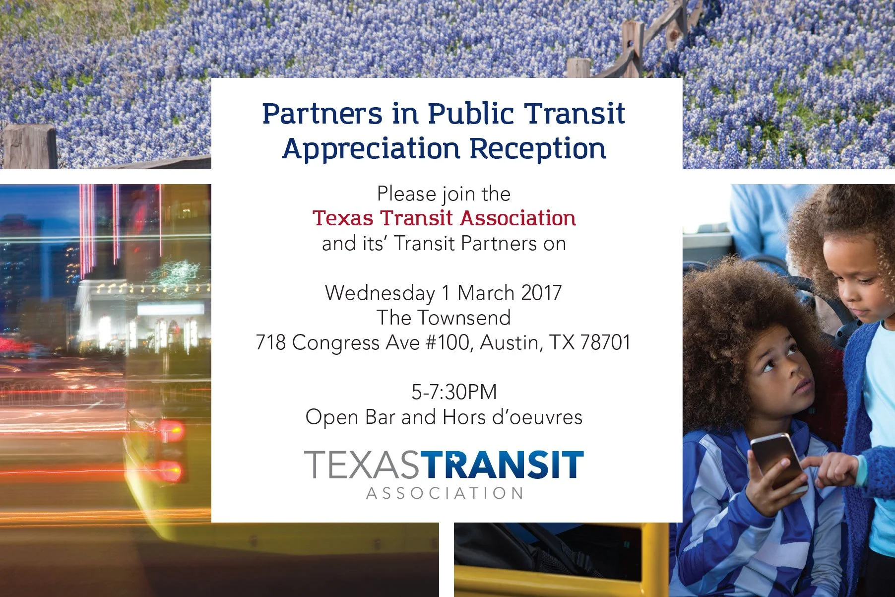 Partners in Public Transit appreciation reception invitation, designed for TTA's legislative partners and member agencies. (Postcard, print and digital)