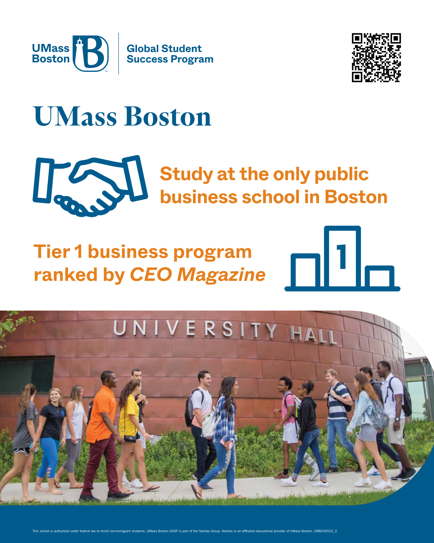 UMass Boston GSSP: Large-format poster. Layout, copy, and print production for the international student recruitment market. Copy and design. Program managed production. Work directed. (40x50, print and web)