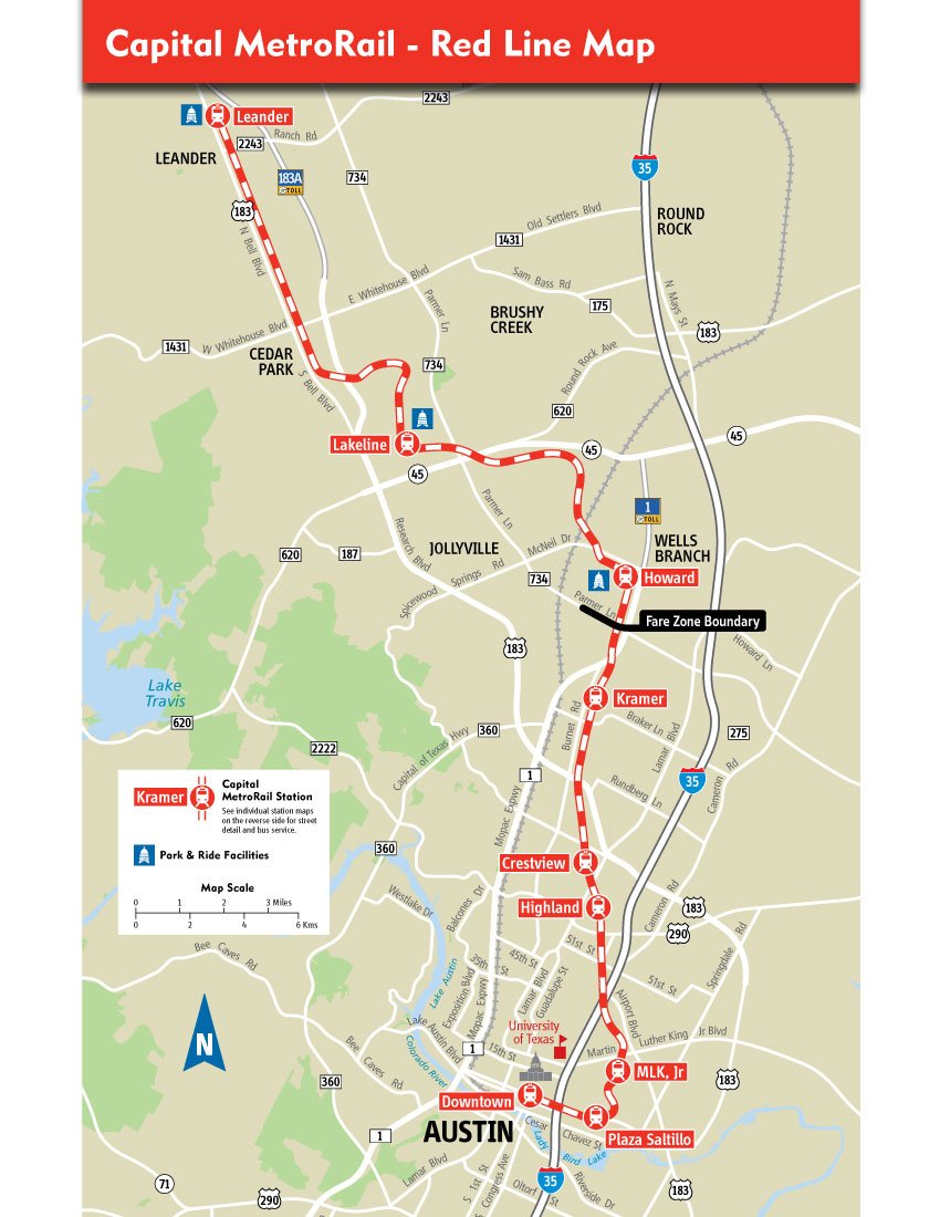 The Red Line, laid out—nine stations from Leander to downtown Austin—is the route riders actually planned their day around.