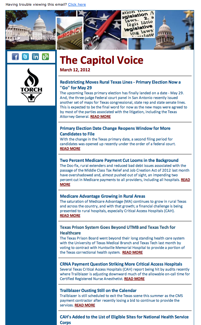 “The Capitol Voice,” March 2012: TORCH's legislative-session email newsletter.