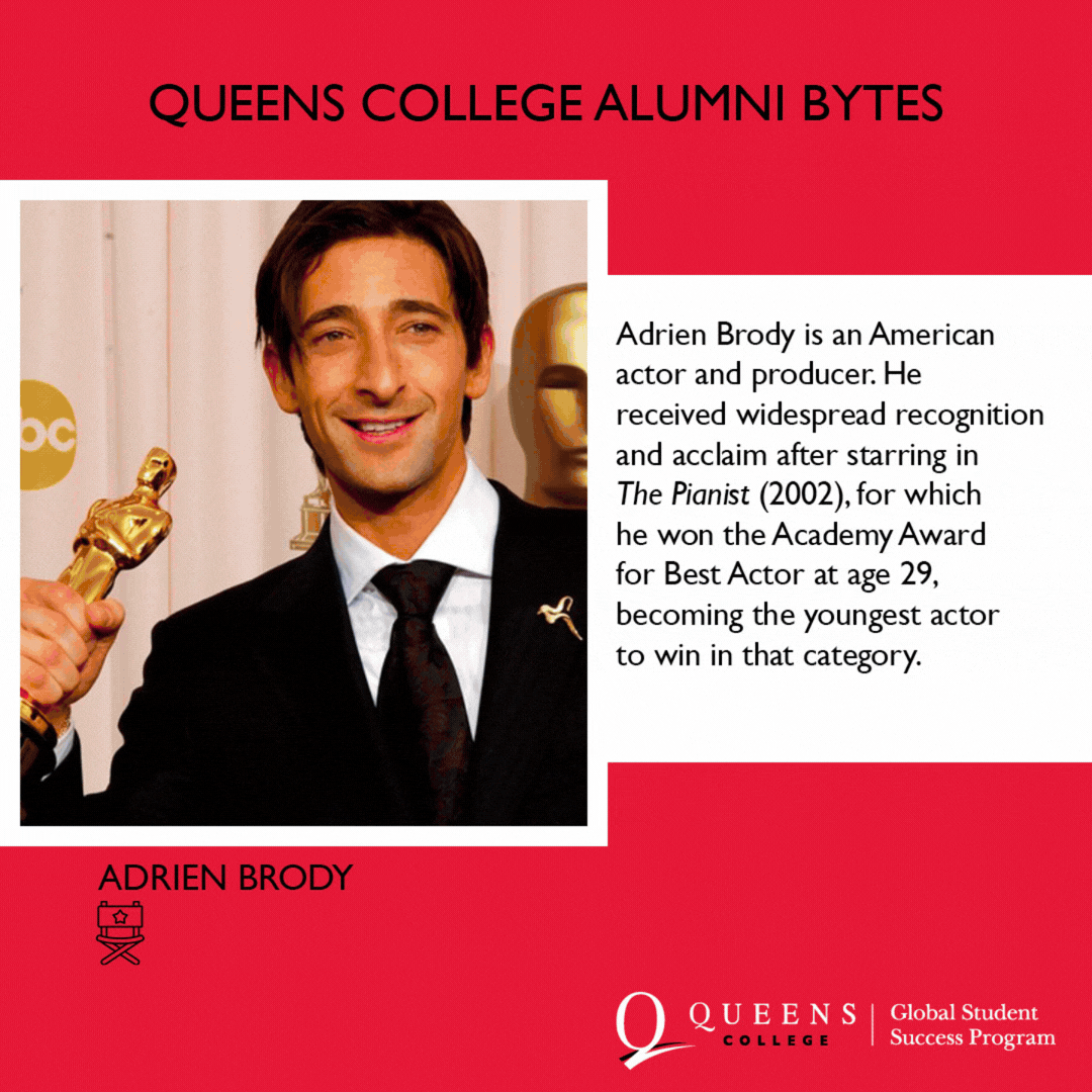 "Alumni Bytes" social media series for Queens College Global Student Success Program: animated GIF format highlighting notable alumni. Design and content.