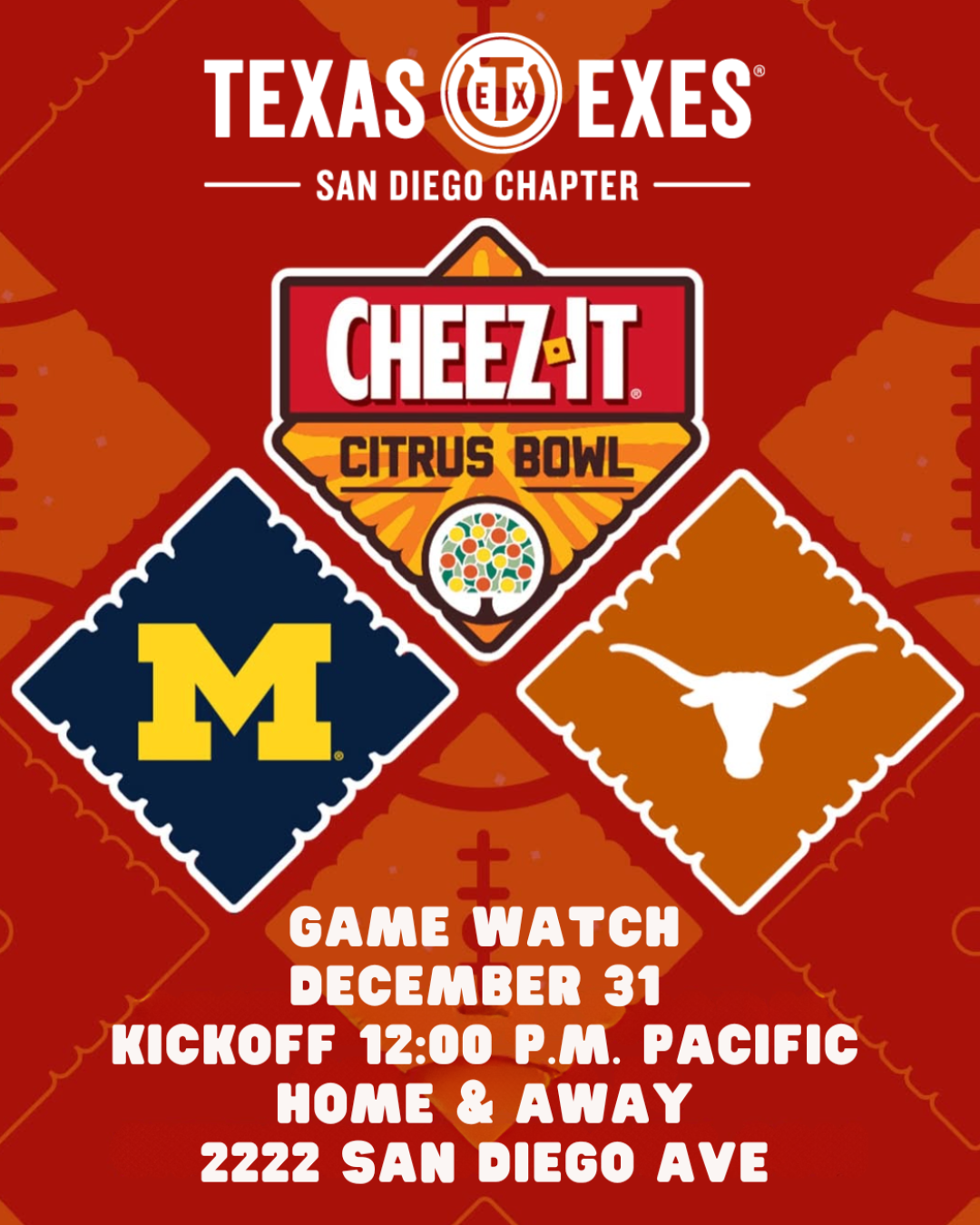 Bowl game watch graphic for the Cheez-It Citrus Bowl, Texas vs. Michigan. Social media content.