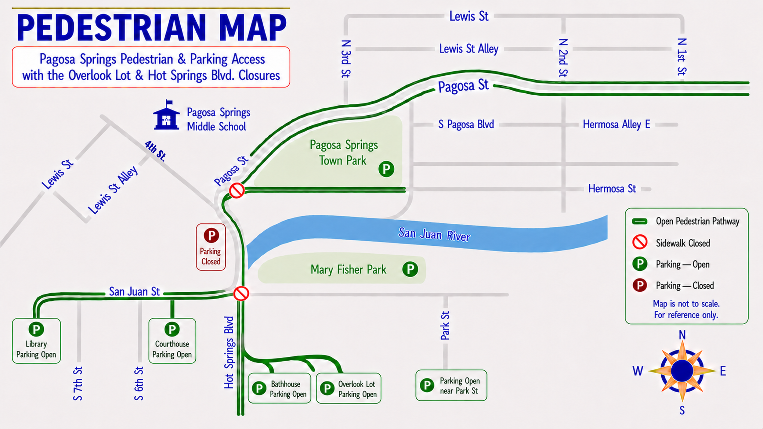 Wayfinding map for the Town of Pagosa Springs showing pedestrian pathway access and parking status during a road closure event, including the Overlook Lot and Hot Springs Blvd. closures. Map design and information hierarchy.
