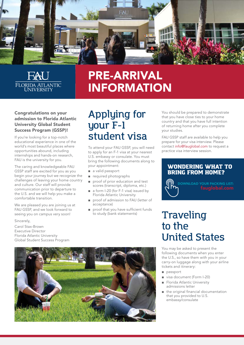 Florida Atlantic University GSSP Pre-Arrival Information. Copy. Program managed production. Work directed. (4pp, A4, print and web)