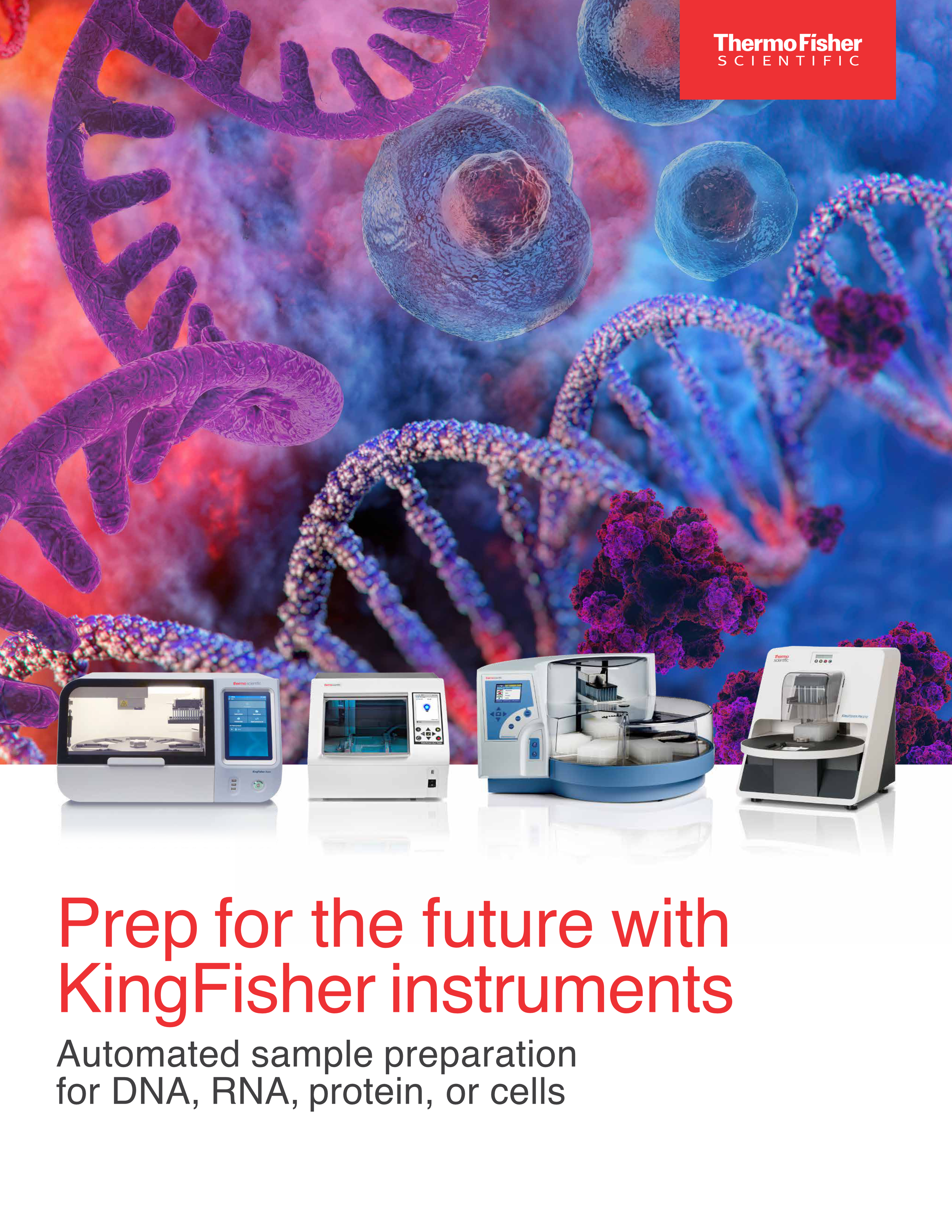 24-page flagship product brochure for the KingFisher instrument line: applications, specifications, and workflow diagrams across multiple product tiers. Program managed production. Creative operations.