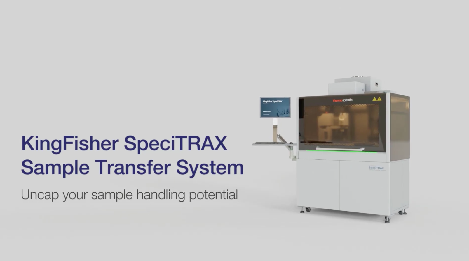 Product video for the Thermo Scientific KingFisher SpeciTRAX Sample Transfer System: automated sample handling capabilities and workflow integration. Program managed production. 