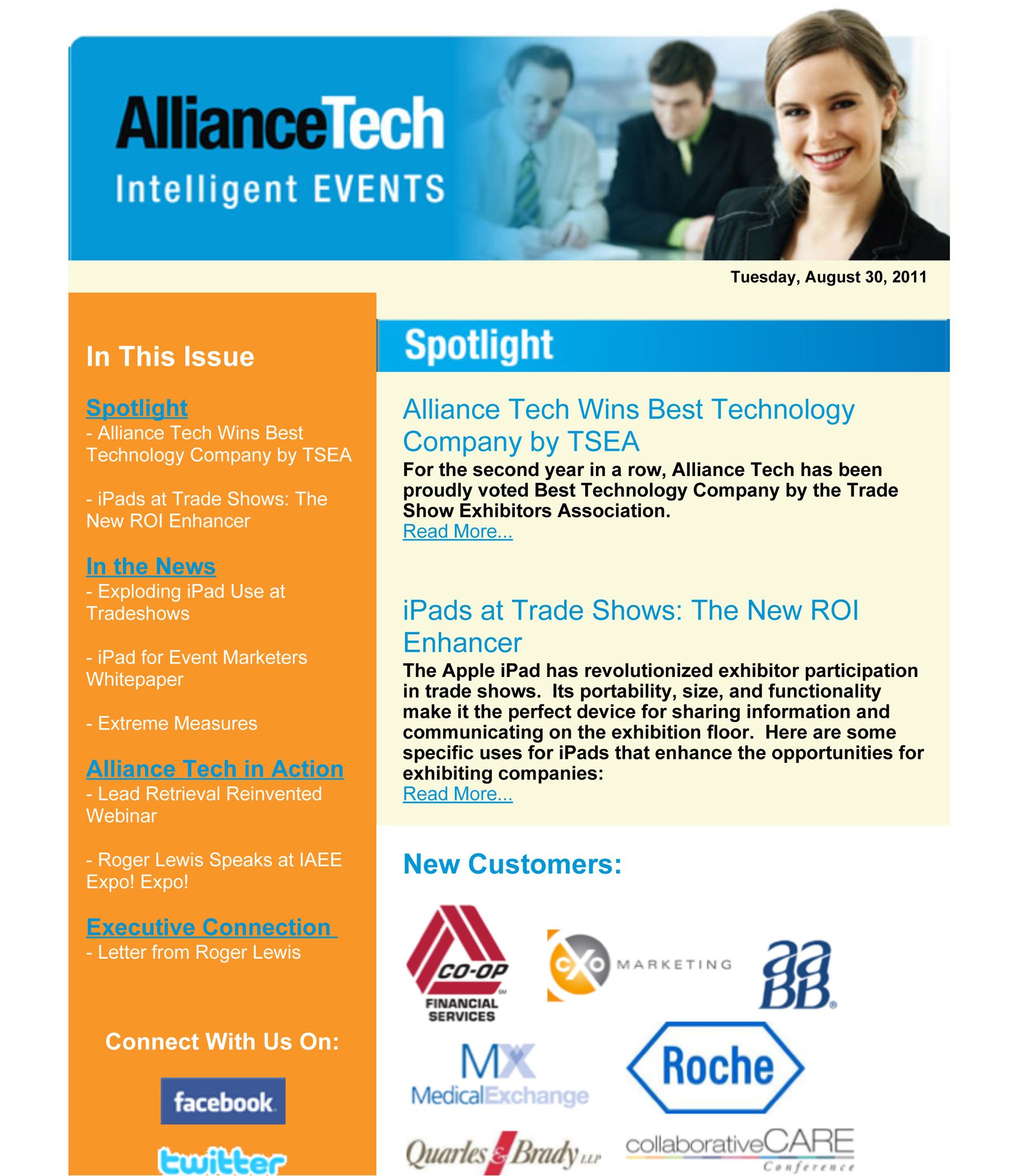 AllianceTech newsletter spotlight on the company's "Best New Technology Company" award from TSEA, plus new client wins.