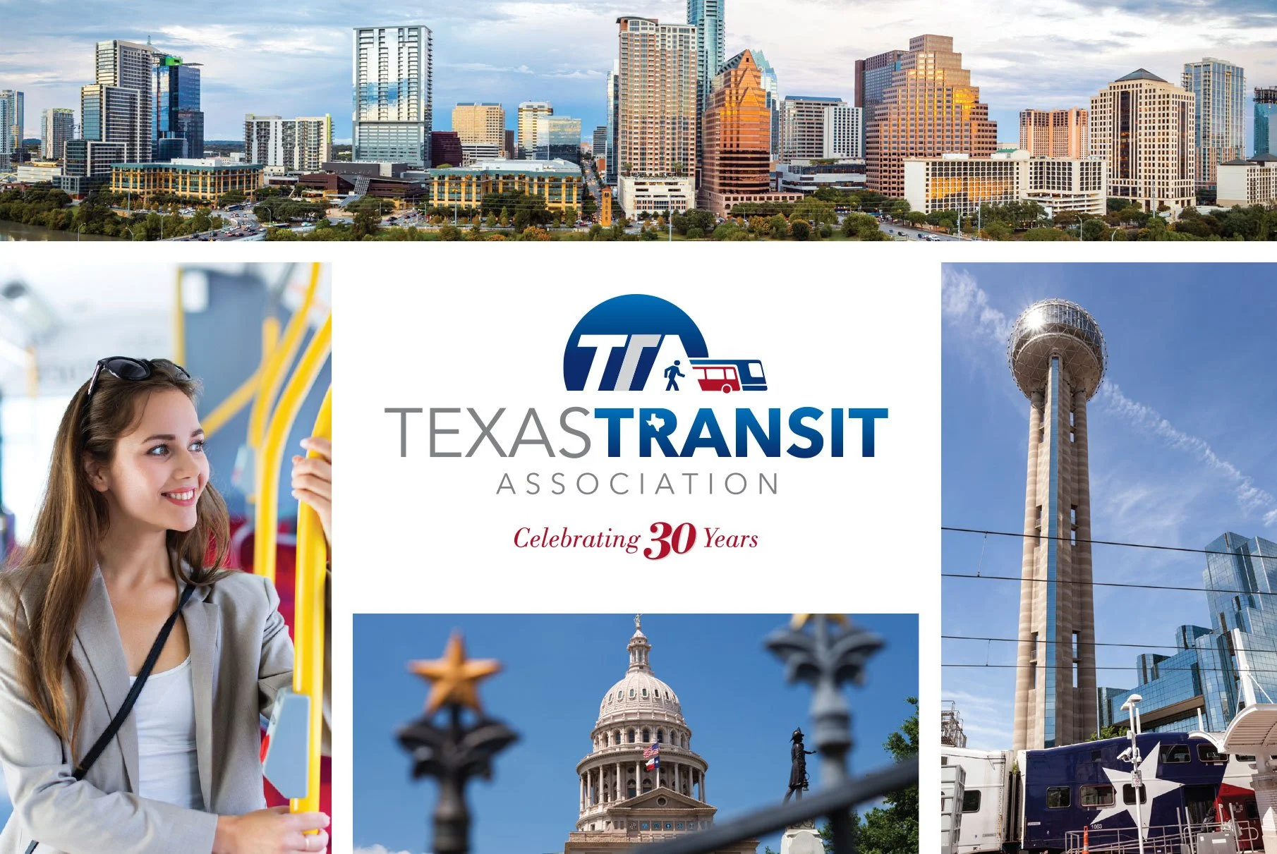 Texas Transit Association 30th anniversary marketing piece featuring statewide imagery and the milestone brand mark. (Postcard, print and digital)