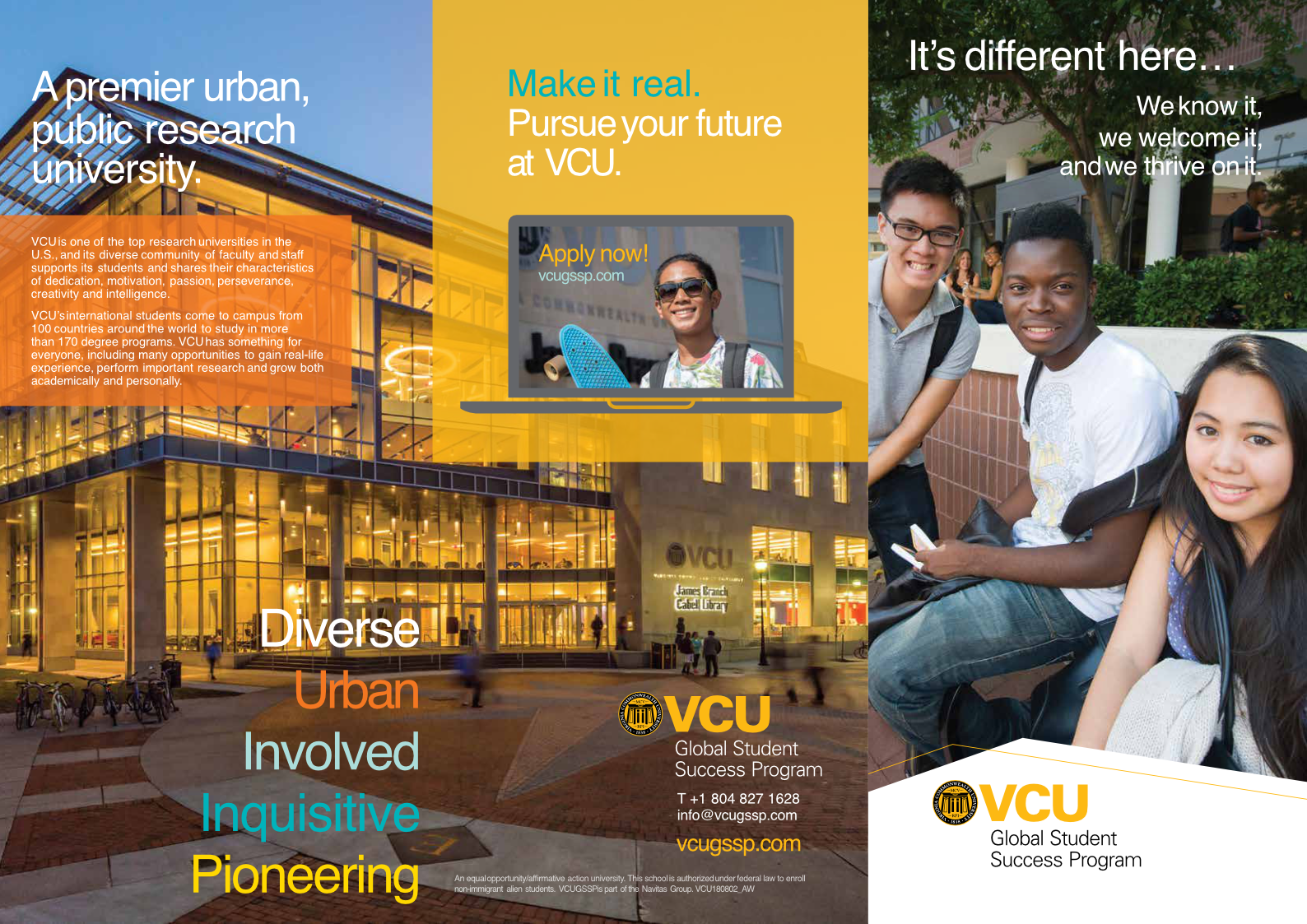 Trifold for Virginia Commonwealth University GSSP: program overview, campus life, and pathway information.Copy. Program managed production. Work directed. (6pp, A3 landscape, print and web)
