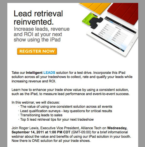 "Lead retrieval reinvented" webinar invite promoting iPad-based lead retrieval to boost leads and ROI at trade shows.