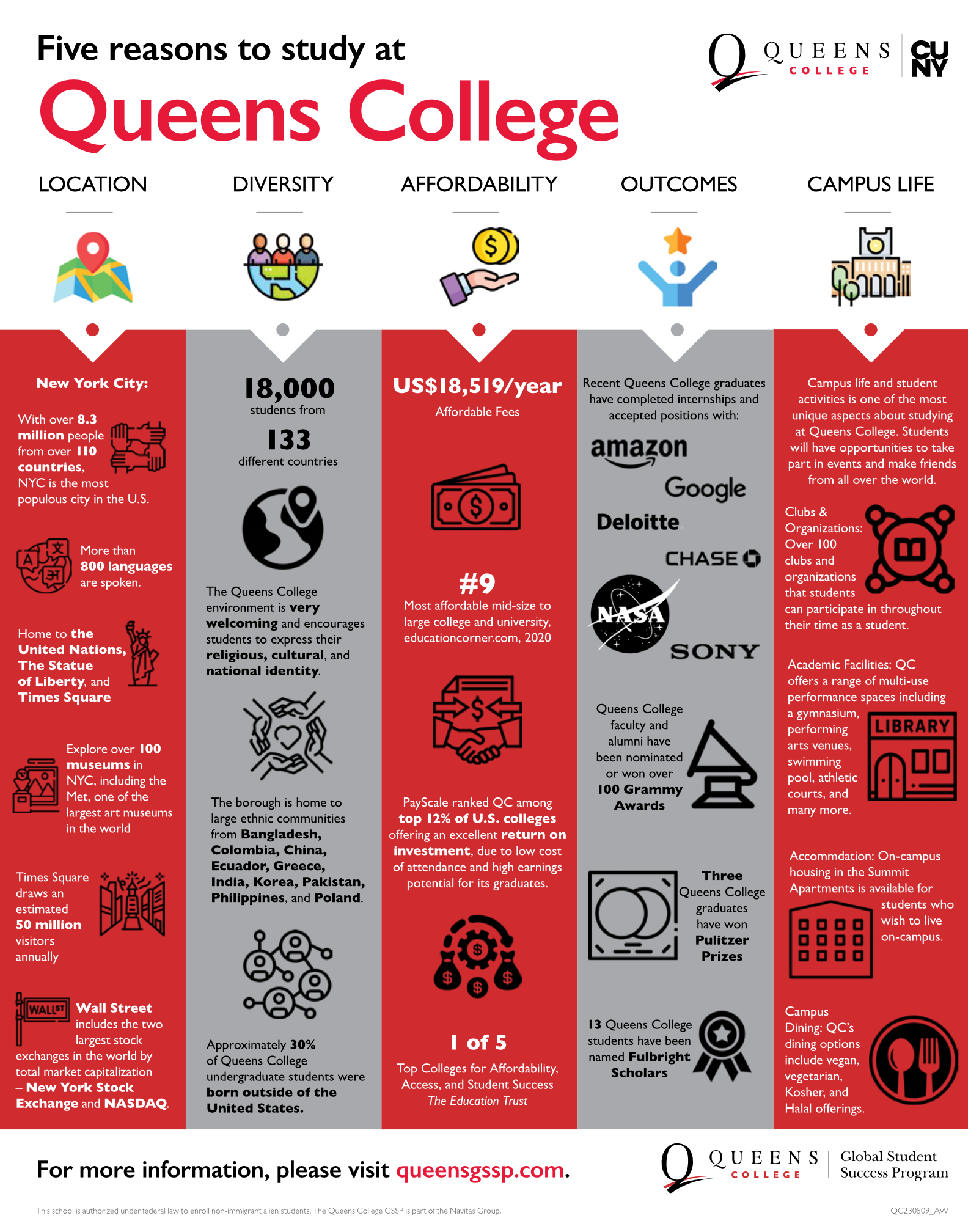 Full-page infographic for Queens College GSSP: layout, icons, copy, and data visualization for the international student recruitment market. Copy and design. (A4, print and web)