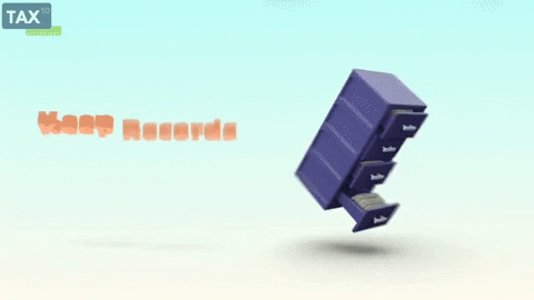 Animated graphic showing a blue filing cabinet opening drawers with paperwork, with the text 'Keep Records' in orange.