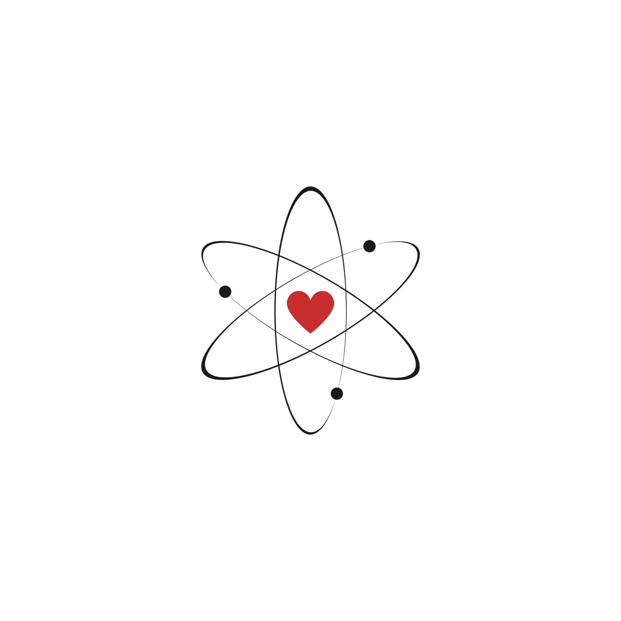 An illustration of an atom with orbiting electrons and a nucleus with a heart symbol underneath.