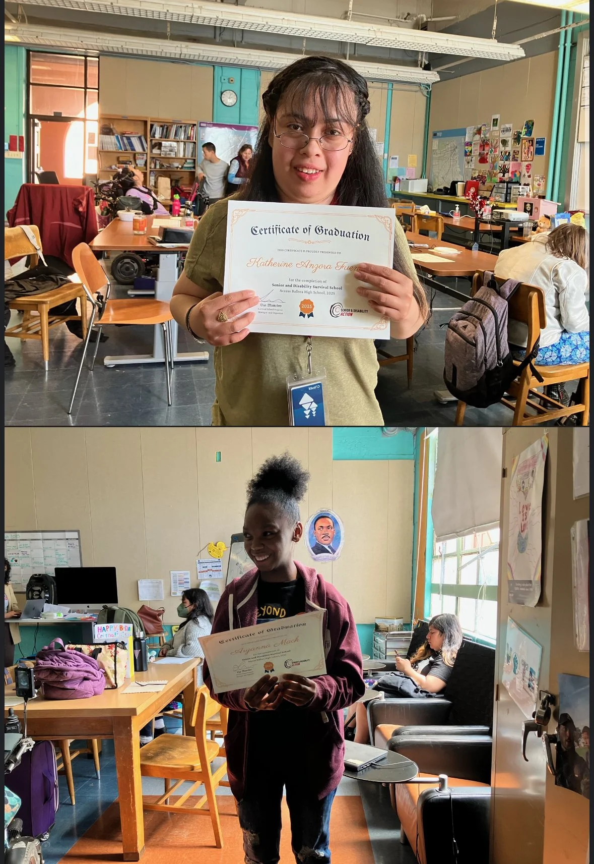 Two young people hold certificates and smiles with a classroom in the background