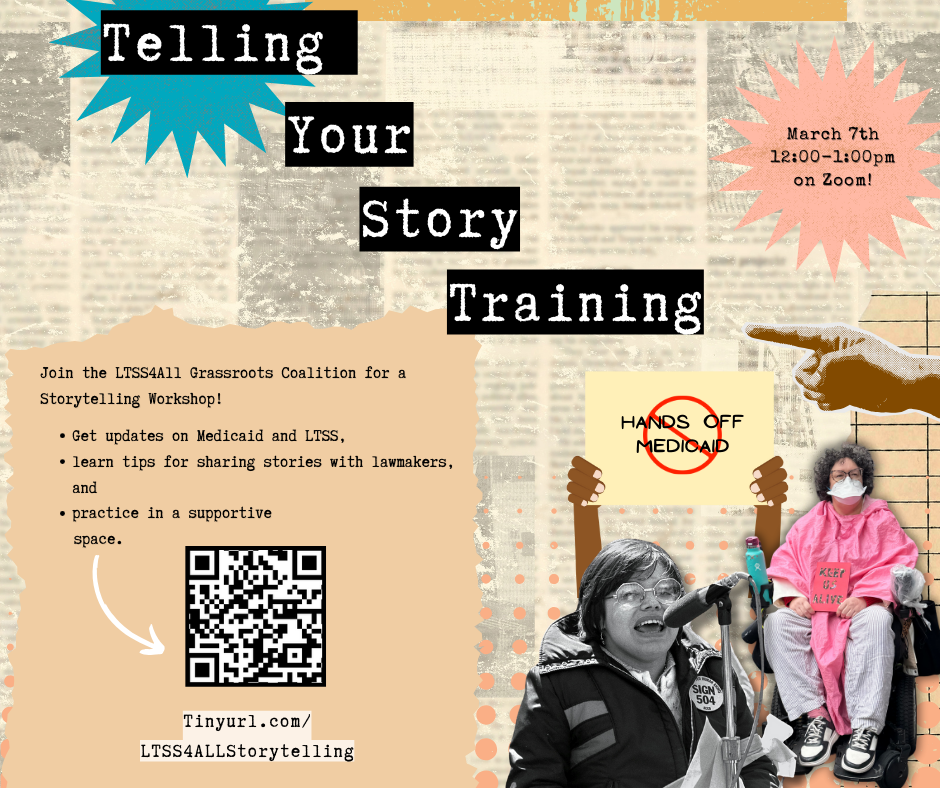 A flyer for "Telling Your Story Training" on March 7th from 12-1PM on Zoom.