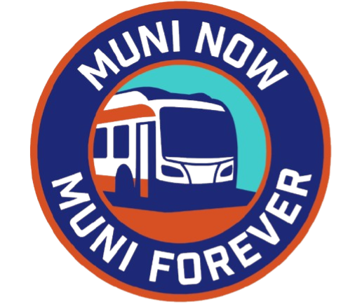 A round logo with the words "Muni Now, Muni Forever" and a drawing of a bus.
