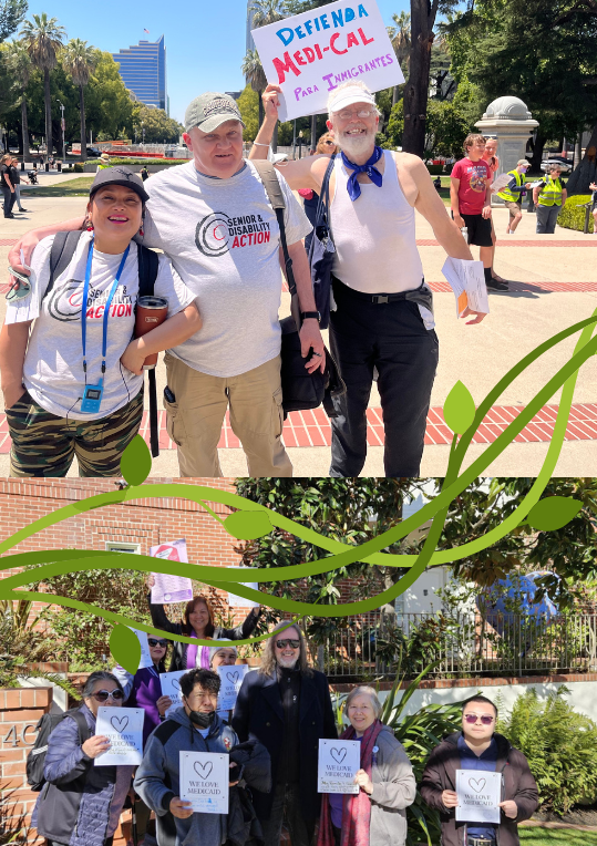 Two photos of SDA members at actions holding signs for Medi-Cal. There is an illustration of a vine running between the photos.