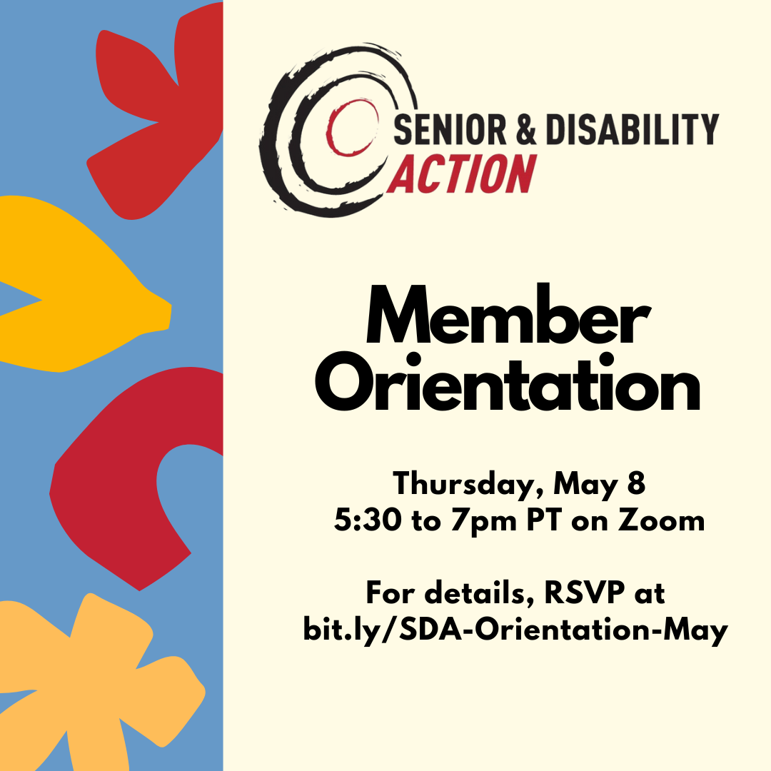 Flyer with yellow and red decorative shapes on the lefthand side. SDA's logo is at the top. Text reads: Member Orientation. Thursday, May 8, 5:30 to 7pm on Zoom. For details, RSVP at bit.ly/SDA-Orientation-May