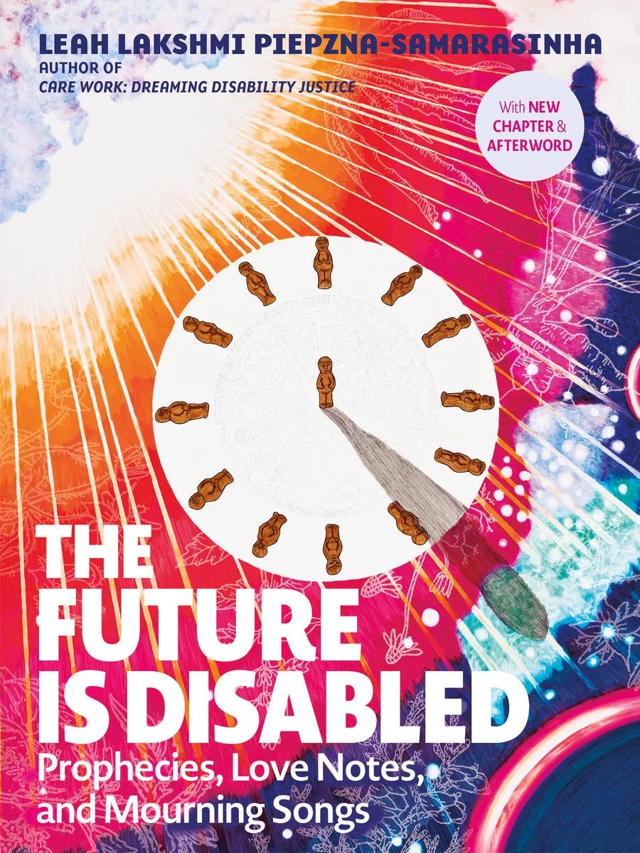 The Future is Disabled book cover, with an image of a clock with sun and brightly colored sky behind it