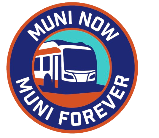 A round logo with the words "Muni Now, Muni Forever" and a drawing of a bus.