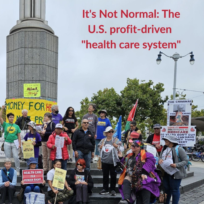 A photo of a group of people standing and sitting outside, holding signs in support of Medicare. Text on the image reads: It's Not Normal: the US Profit-driven "healthcare system"