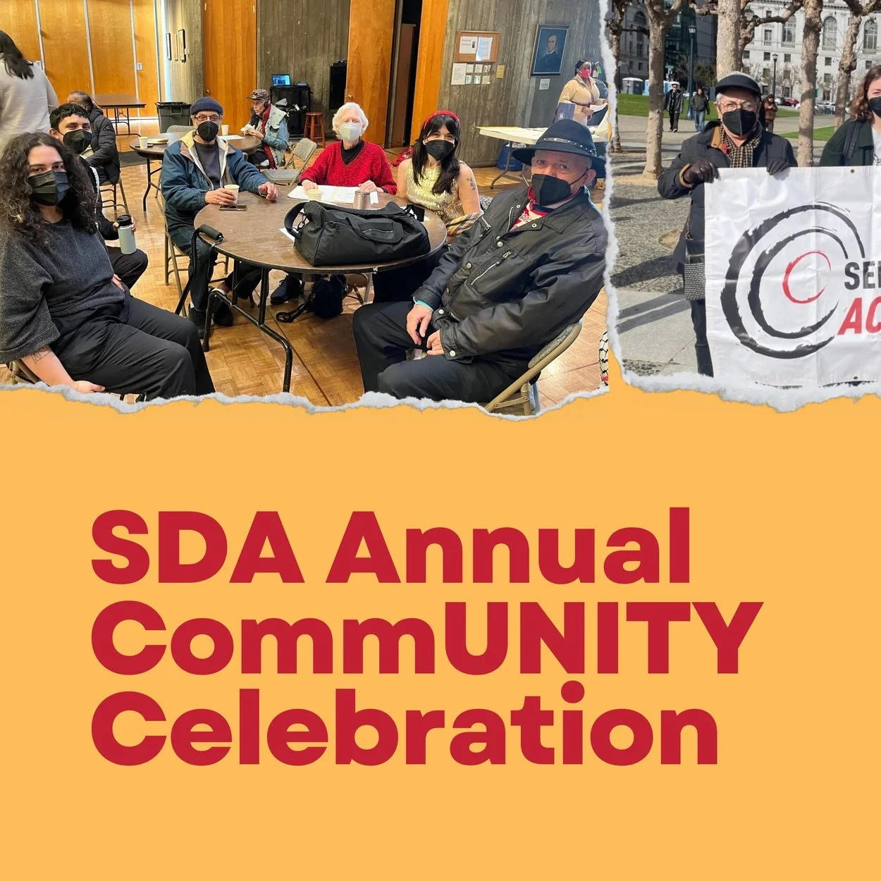 A graphic with an image of a group of masked people sitting around a table. Text reads: SDA Annual CommUNITY Celebration